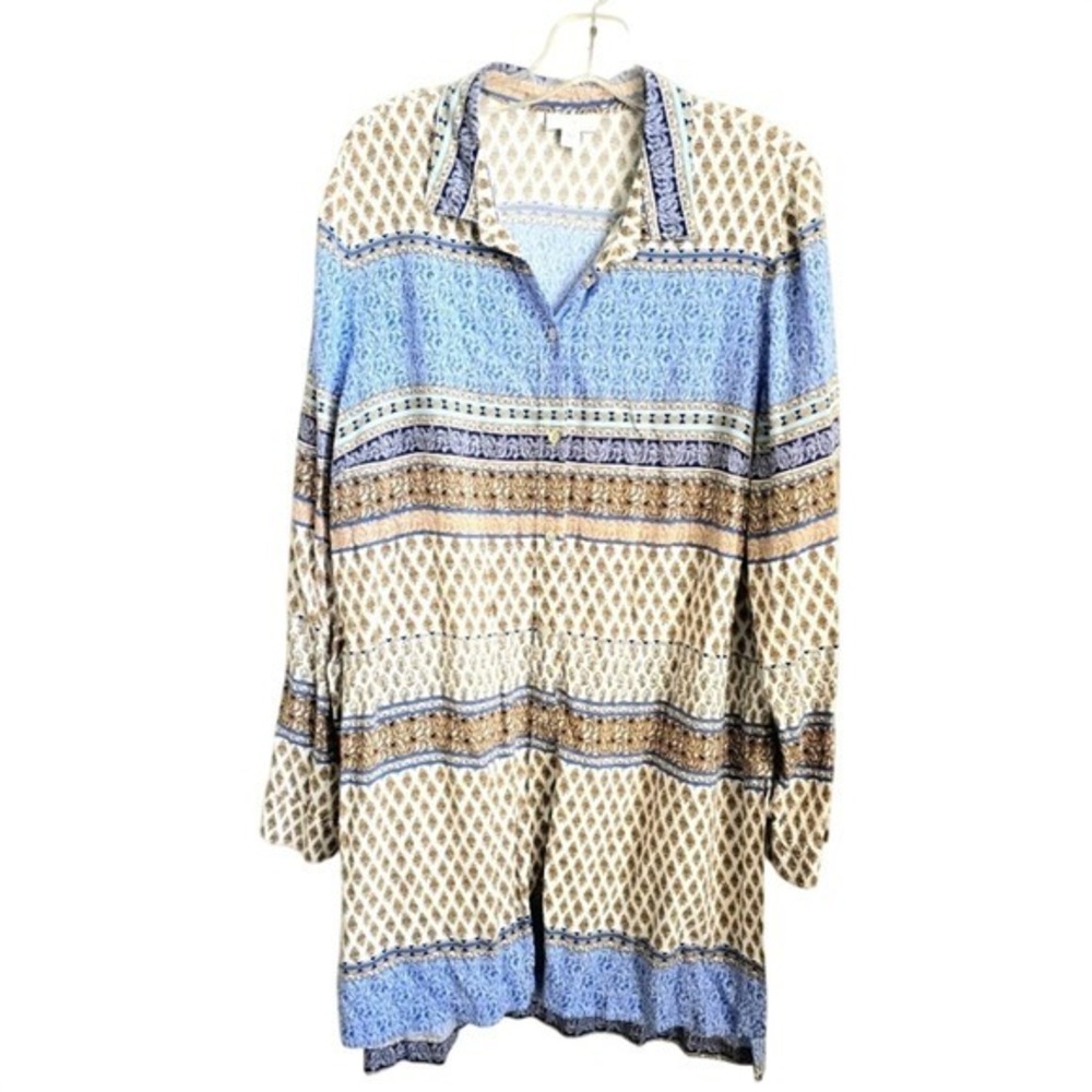 J. Jill Studio Women's Large Button Down Shirt Dress Blue Beige